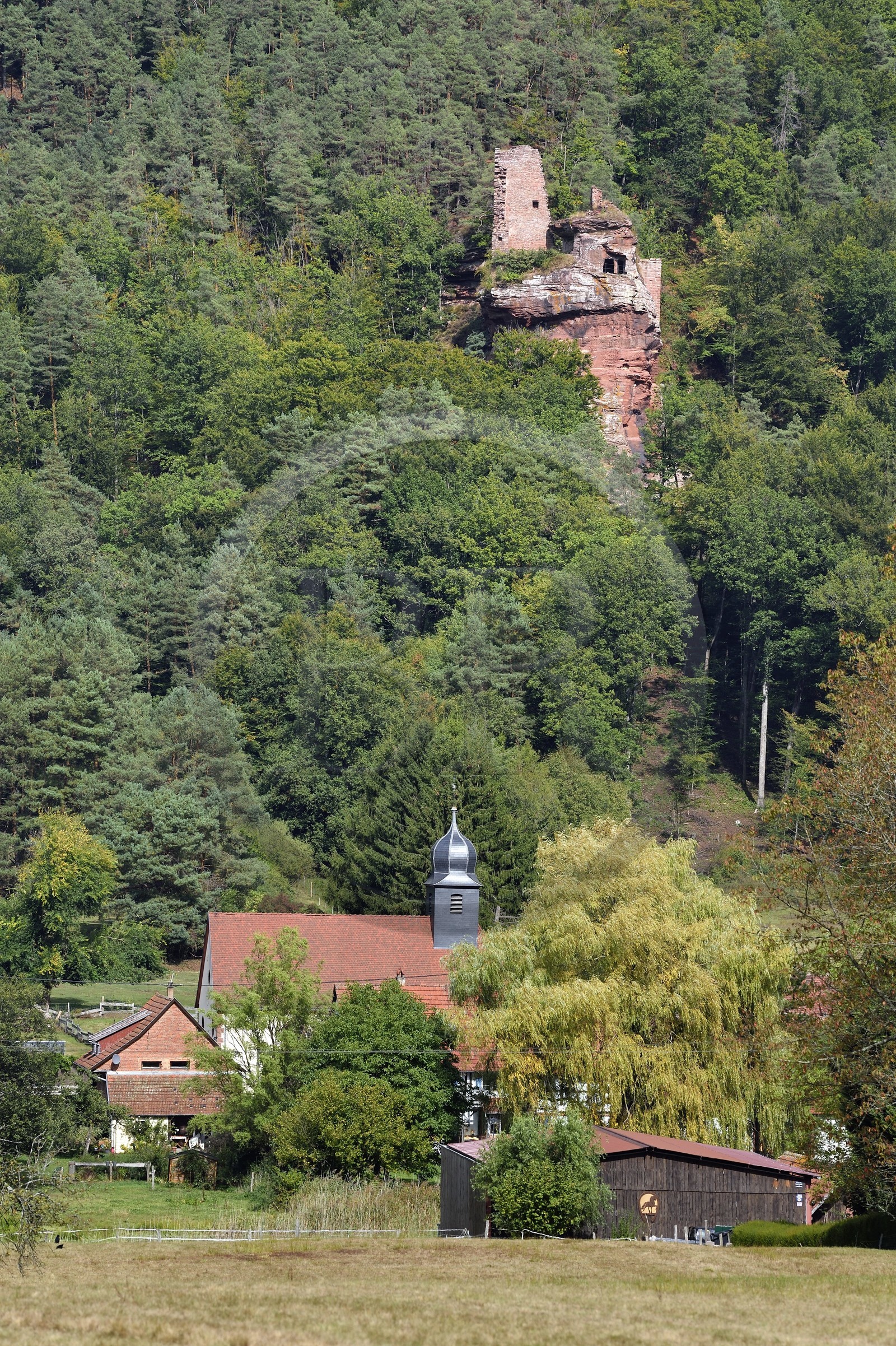 France, Bas-Rhin (67), Parc naturel régional des Vosges du Nord, Obersteinbach, le village dominé par les ruines du chateau du Petit-Arnsberg perché sur un rocher de grès