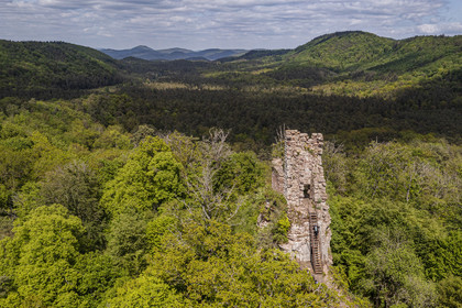 France, Bas-Rhin (67), Parc naturel régional des Vosges du Nord, Obersteinbach, foret domaniale de Steinbach, ruines du chateau de Lutzelhardt (vue aérienne)