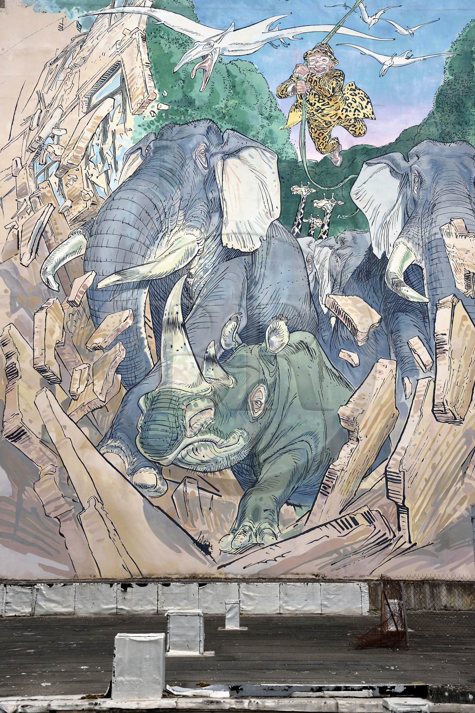 France, Charente (16), Angoulême, Boulevard du docteur Duroselle, Chassez le Naturel, mur peint de François Boucq en 2000