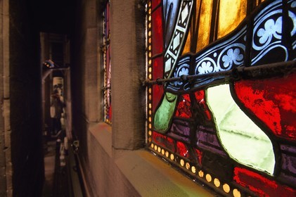 France, Bas-Rhin (67), Strasbourg, vieille ville classée au Patrimoine Mondial de l'UNESCO, la cathédrale Notre-Dame, vitrail de Juda (un des 12 fils de Jacob) dont le pied gauche volontairement créé plus clair par le maitre verrier est à l'origine du phénomène du rayon vert visible chaque année aux équinoxes