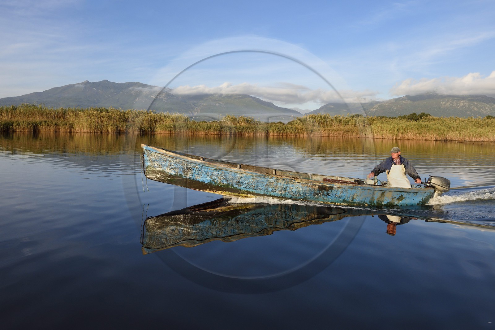 France, Haute-Corse (2B), pecheur en barque sur l'étang de Biguglia (stagnu di Chjurlinu), réserve naturelle de Corse (RNC)