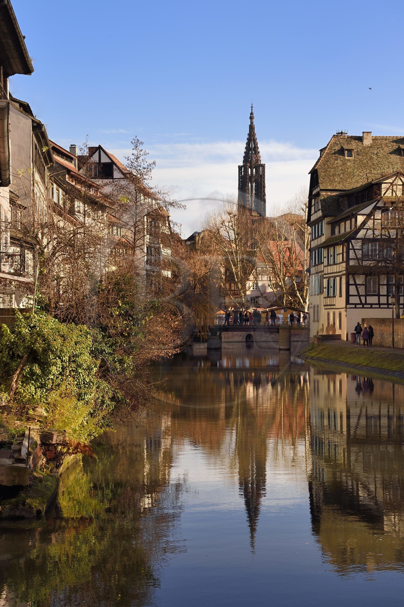 France, Bas-Rhin (67), Strasbourg, vieille ville classée au Patrimoine Mondial de l'UNESCO, quartier de la Petite France, le pont (tournant) du Faisan et quai de la Petite France le long d'un des bras de la rivière l'Ill, la cathédrale Notre-Dame en arrière plan