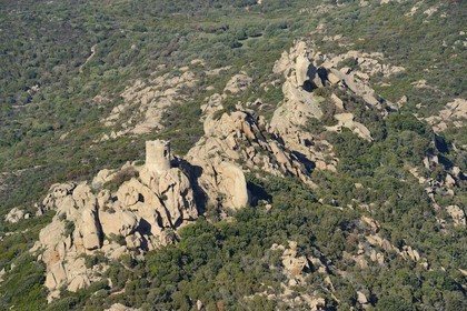 France, Corse-du-Sud (2A), le site naturel de Cala de Roccapina, la tour génoise de Roccapina et le rocher du Lion (vue aérienne)