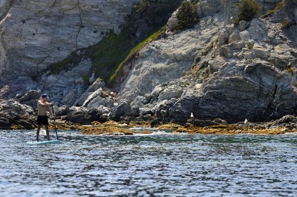 France, Var (83), Six-Fours-les-Plages, Ile des Embiez, Pointe du Coucoussa, le champion de windsurf Freestyle Adrien Bosson en randonnée aquatique sur un paddle