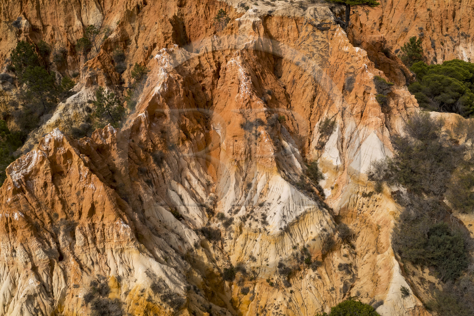 Portugal, Algarve, Olhos de Agua, les falaises rouges de Praia da Falésia (vue aérienne)