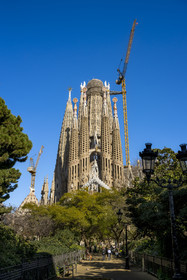 Espagne, Catalogne, Barcelone, quartier de l'Eixample, basilique de la Sagrada Familia de l'architecte du modernisme catalan Antoni Gaudi classée Patrimoine Mondial de l'UNESCO, la façade de la passion