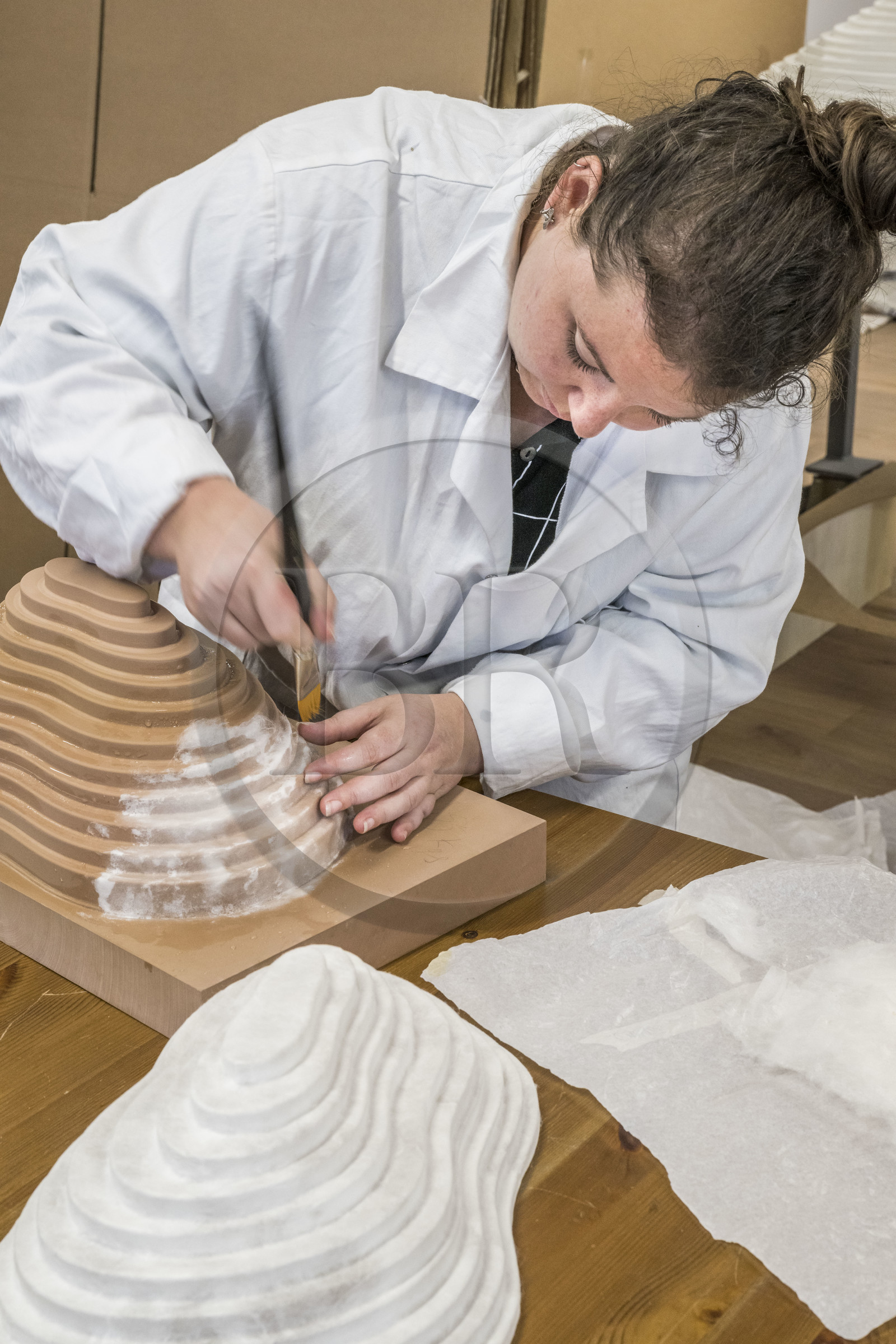 France, Gard (30), Bagard, l'Atelier Sericyne, production de soie d'exception et intissée pour la réalisation d'objets de décoration et d'art de vivre en soie, mise en place d'une pièce de fils de soie sur un moule avec une application au pinceau et à l'eau, Hélène Gauthier chargée de confection