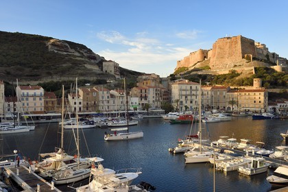 France, Corse-du-Sud (2A), Bonifacio, le port dominé par la citadelle dans la ville haute