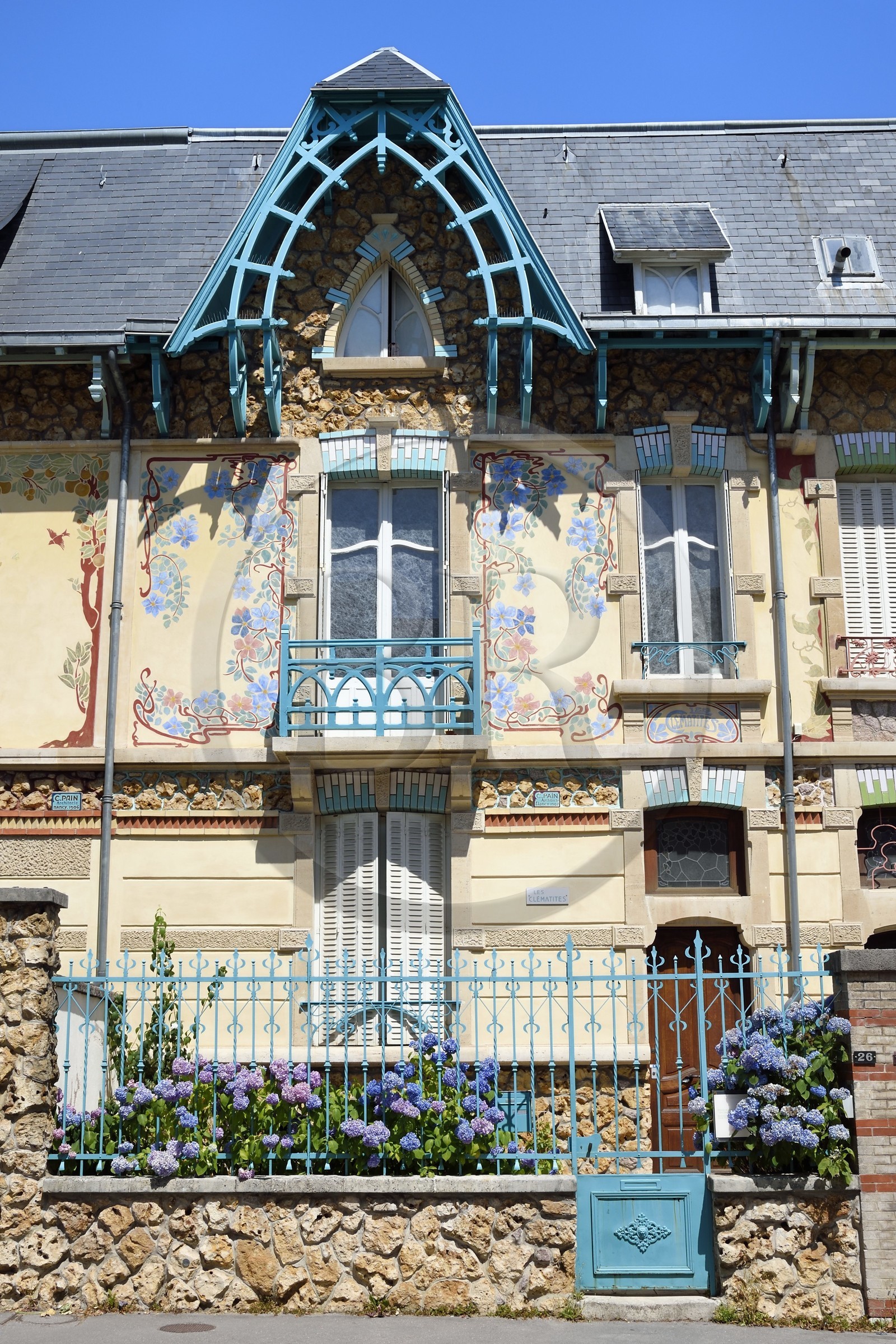 France, Meurthe-et-Moselle (54), Nancy, rue Félix Faure, maison de lotissement Art Nouveau de l'architecte Cesar Pain, villa Les Clématites