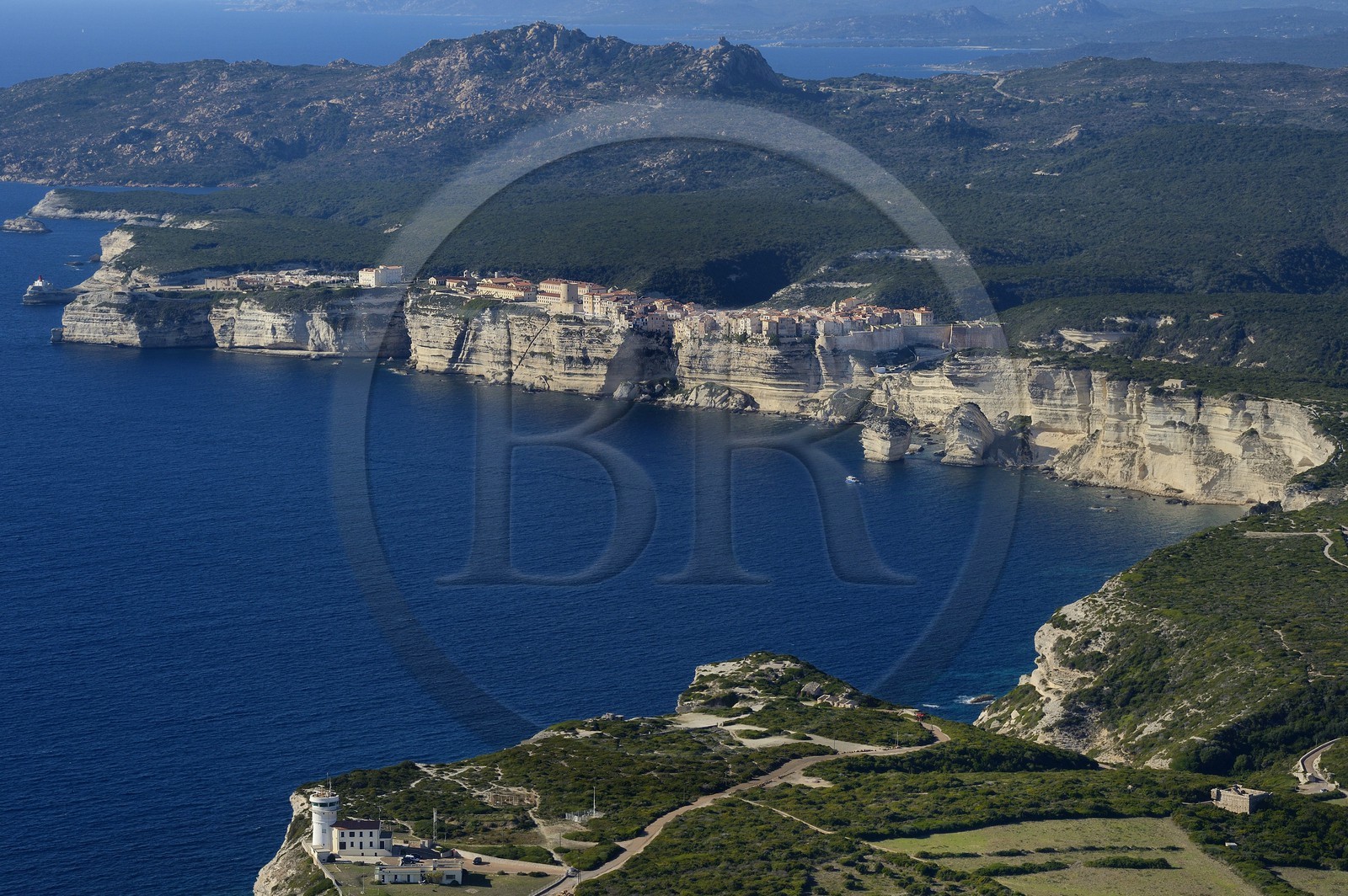 France, Corse-du-Sud (2A), Bonifacio, les falaises calcaires, la citadelle et la vieille ville (vue aérienne)