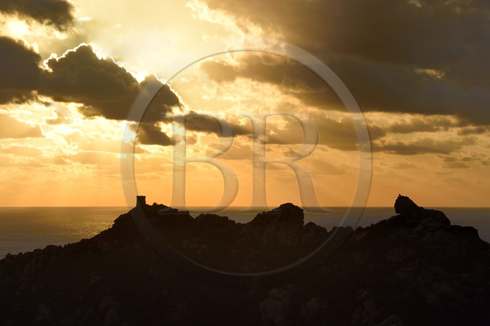 France, Corse-du-Sud (2A), le site naturel de Cala de Roccapina, la tour génoise et le rocher du Lion