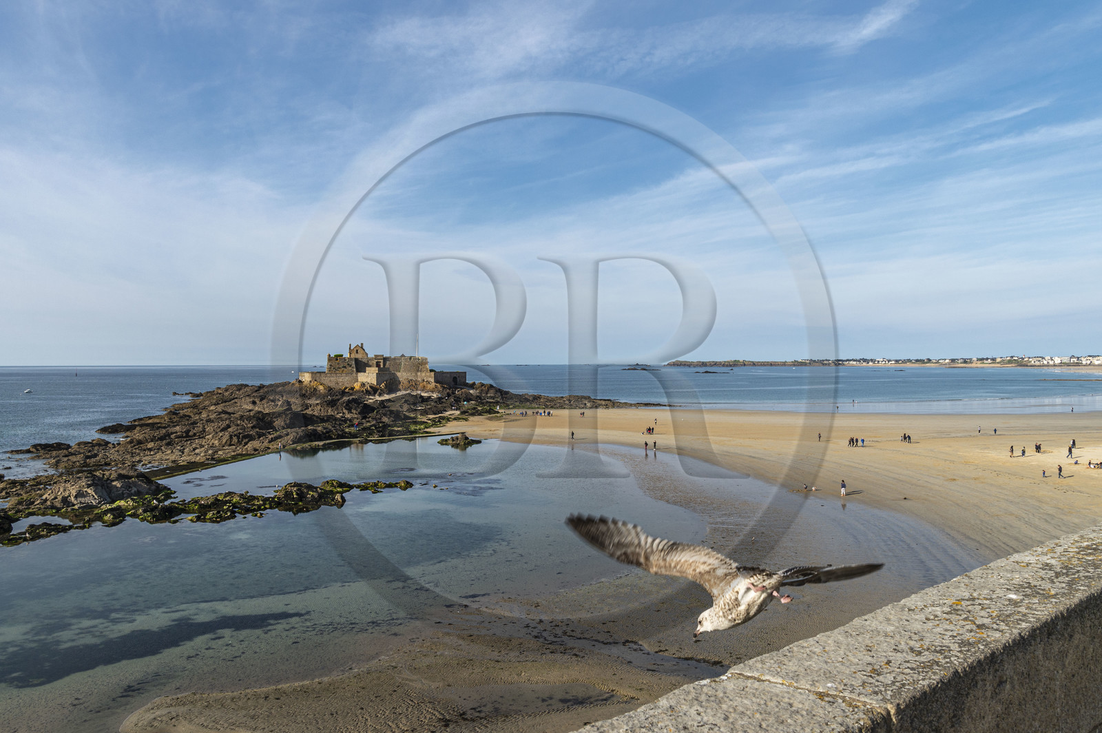 France, Ille-et-Vilaine (35), Côte d'Emeraude, Saint-Malo, Fort National conçu par Vauban et construit par Siméon Garangeau de 1689 à 1693, la plage de l'eventail à marée basse