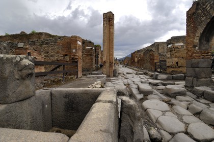 Italie, Campanie, Pompei, site archéologique classé Patrimoine Mondial de l'UNESCO, ancienne rue pavée de la ville et fontaine