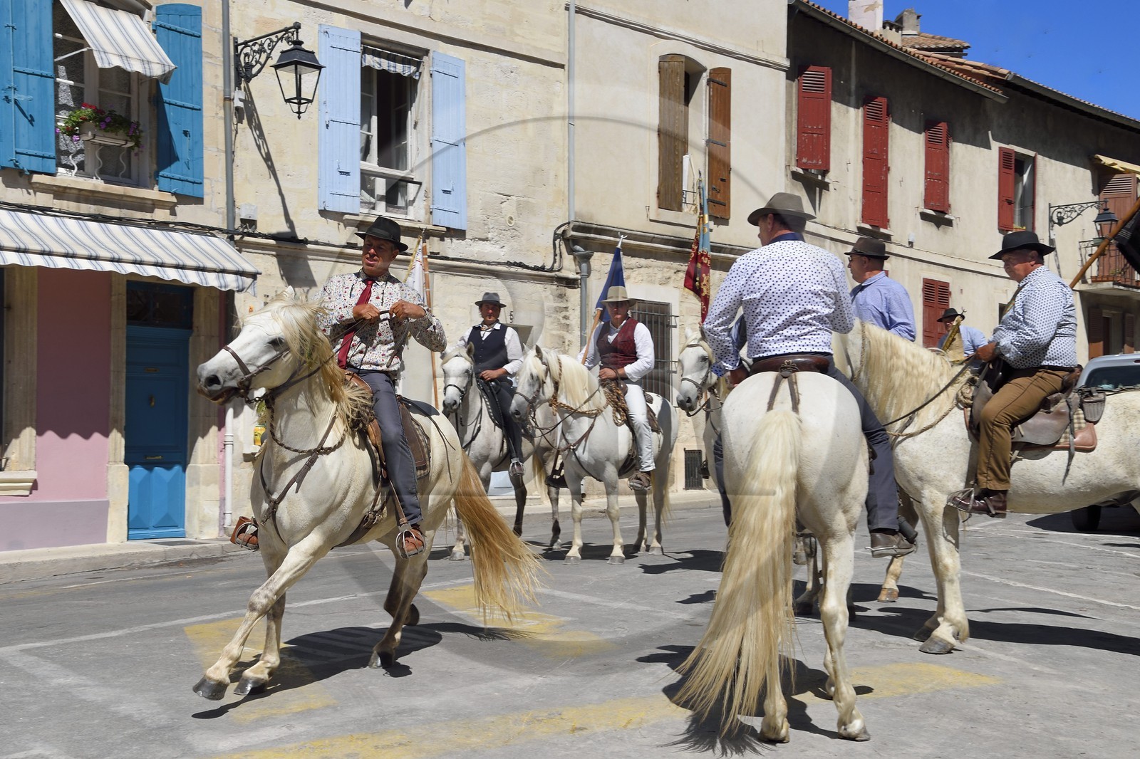 France, Bouches-du-Rhône (13), Arles, la course camarguaise de la Cocarde d'Or aux Arènes, gardians à cheval