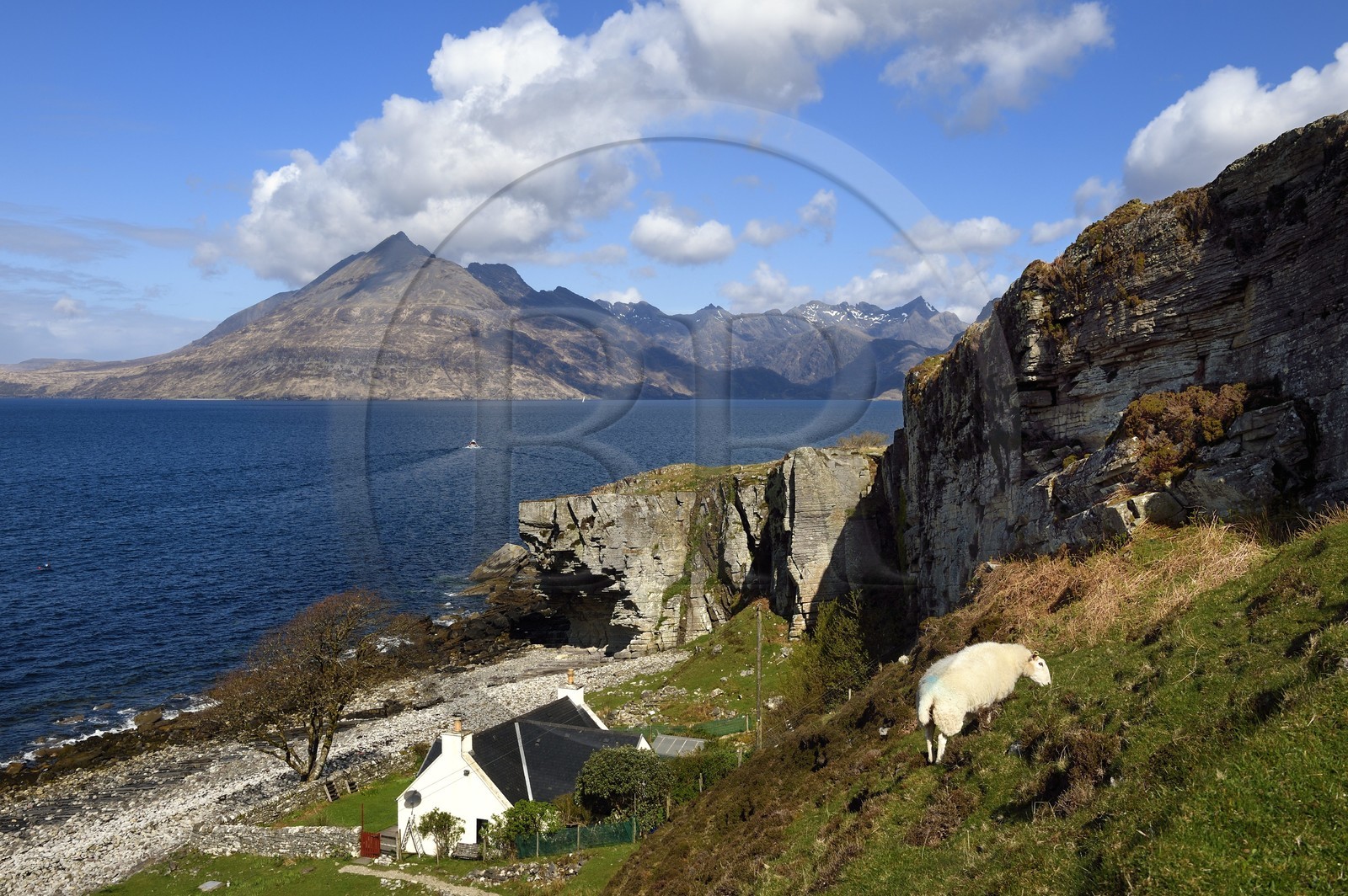 Royaume-Uni, Ecosse, région des Highlands, les Hébrides, Ile de Skye, village de Elgol sur les rives du Loch Scavaig au bout de la péninsule de Strathaird et le massif des Black Cuillin Mountains en arrière plan