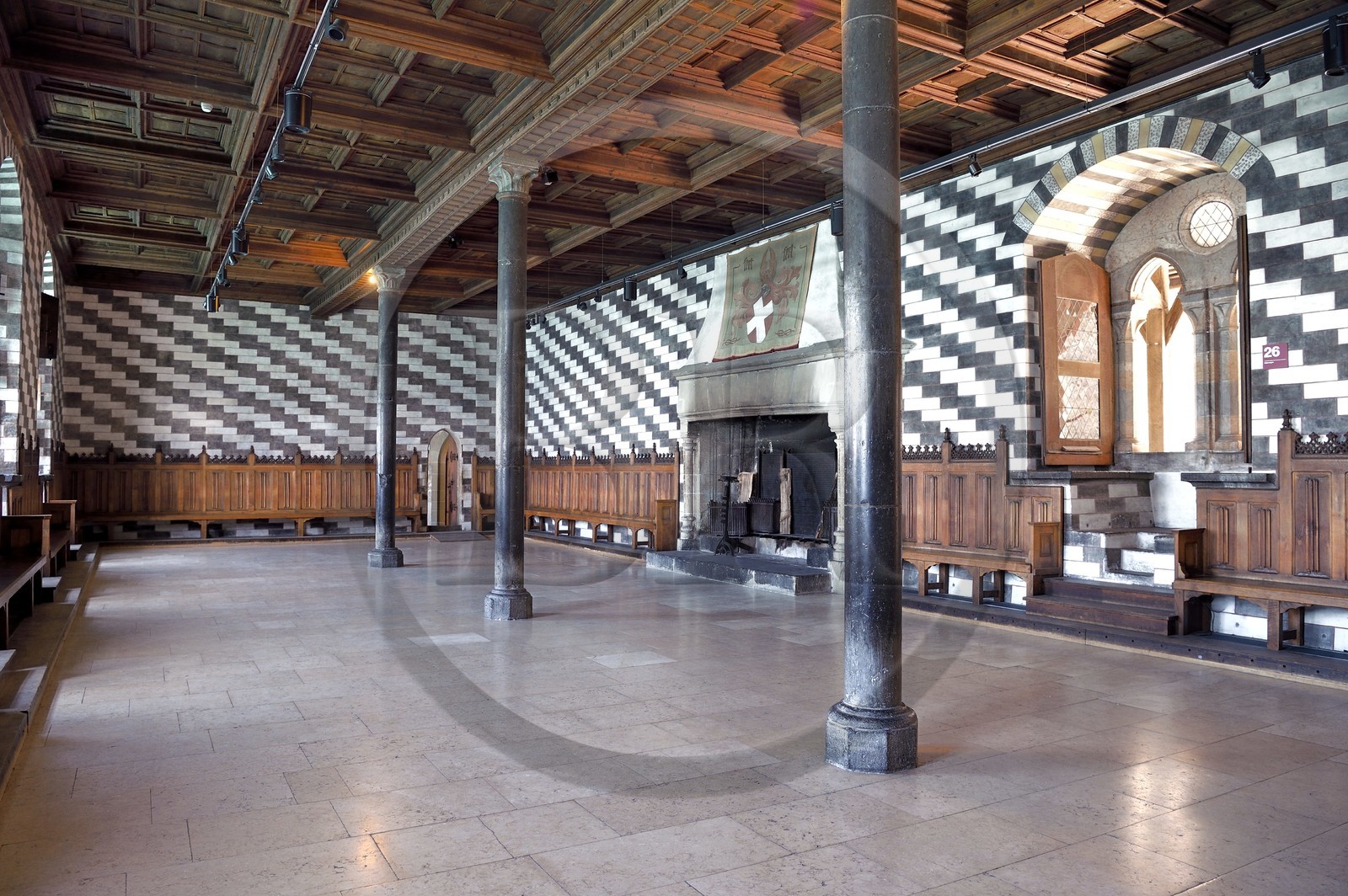Suisse, Canton de Vaud, Veytaux, chateau Chillon sur les rives du lac Léman, Aula Magna une des trois grandes salles d'apparat