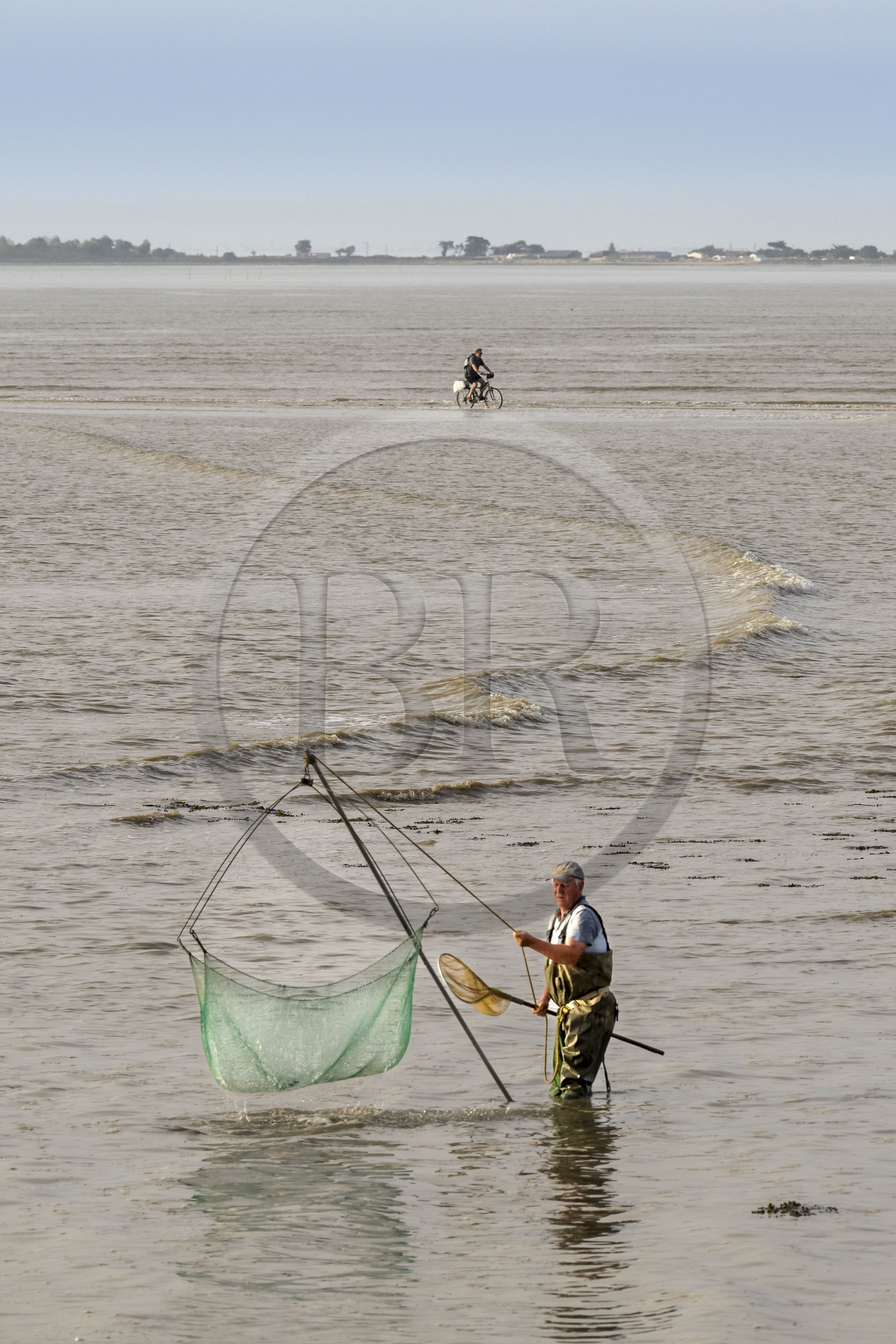 France, Charente-Maritime (17), Port-des-Barques, pêcheur au carrelet et cycliste empruntant le tombolo de la Passe aux Boeufs qui relie le continent à l'Ile Madame à marée montante en arrière plan