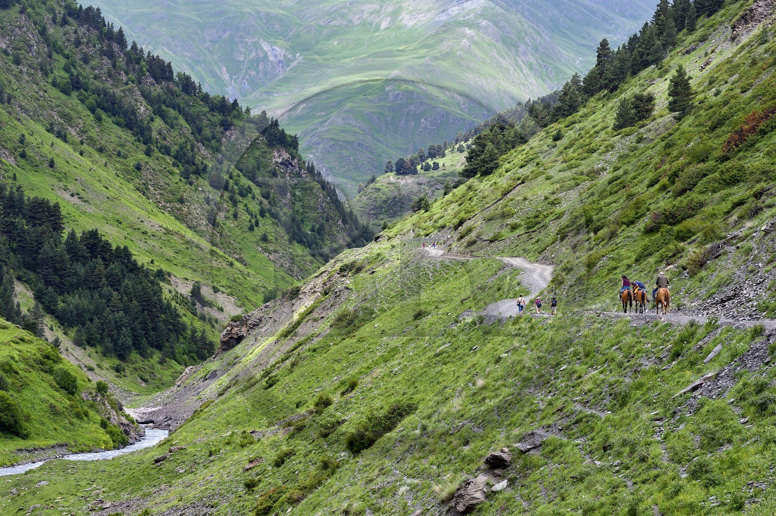 Géorgie, Kakheti, Parc national de Touchétie, vallée de la rivière Alazani dans les montagnes de Pirikiti, cavaliers effectuant une randonnée à cheval