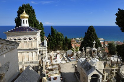 France, Alpes-Maritimes (06), Menton, la vieille ville, le cimetière du Vieux-Chateau, cimetière marin, chapelle orthodoxe édifiée en 1884 par le comte Protassov-Bechmetieff