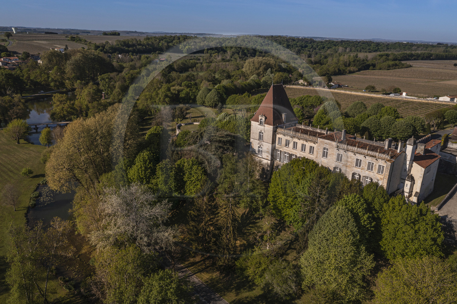 France, Charente (16), Bourg-Charente, le chateau de Bourg appartient à la famille Marnier-Lapostolle, elle y produit les liqueurs Grand Marnier (vue aérienne)