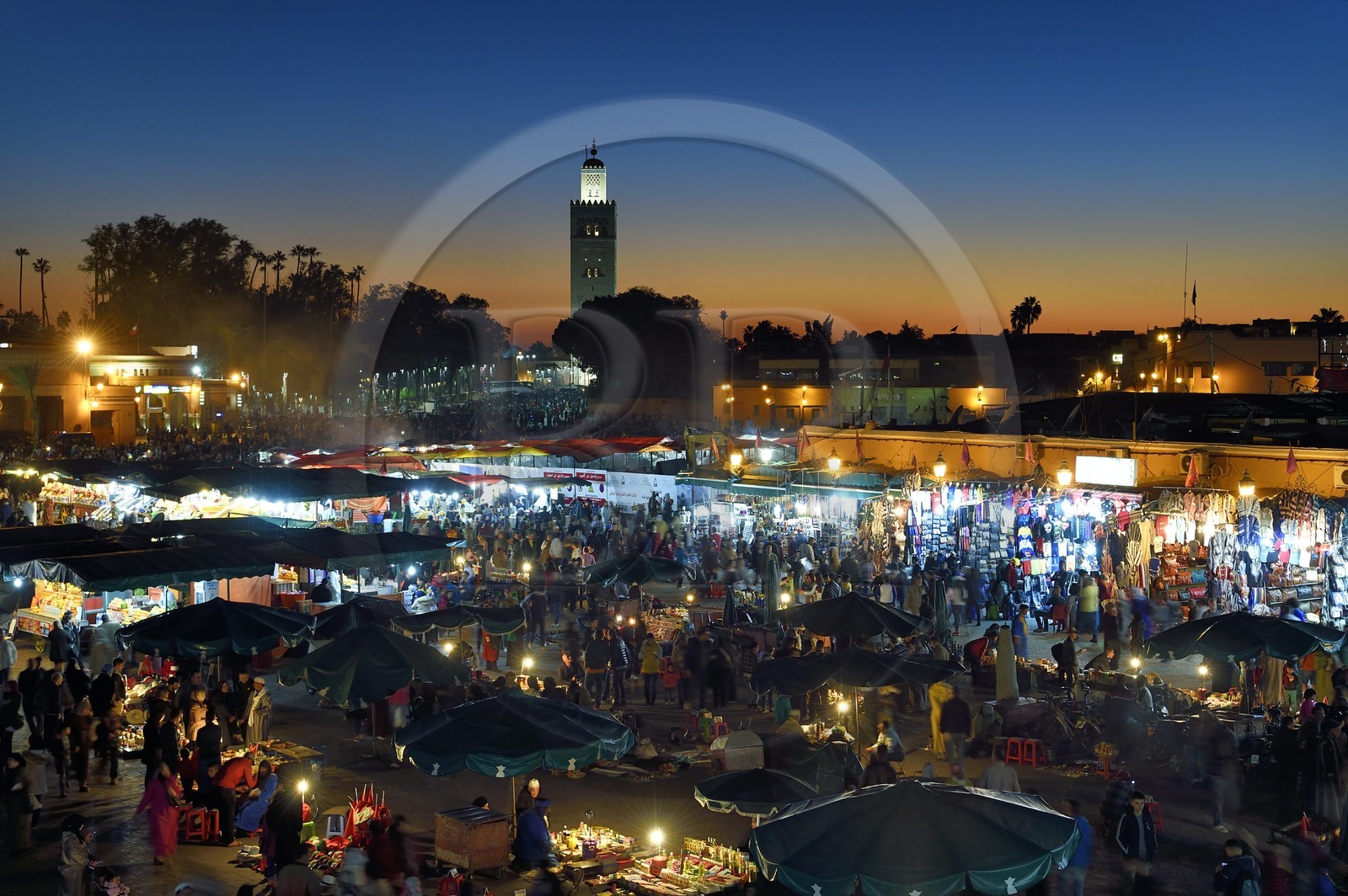 Maroc, Haut-Atlas, Marrakech, ville impériale, Médina classée Patrimoine Mondial de l'UNESCO, place place Jemaa el-Fna et le minaret de la mosquée la Koutoubia en arrière plan