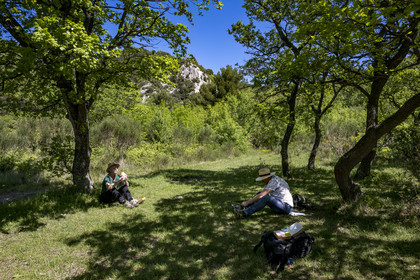 France, Vaucluse (84), Dentelles de Montmirail, Gigondas, randonneurs pique niquant en contrebas du Pas de l'Aigle au coeur du massif