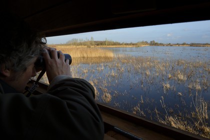 France, Indre (36), le Berry, parc naturel régional de la Brenne, étang de La Touche, observatoire aménagé par le parc et par la Ligue pour la protection des oiseaux, observation des oiseaux