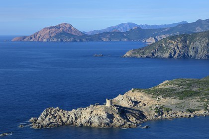 France, Corse-du-Sud (2A), Cargèse, la tour génoise de la pointe d'Omigna et le Capo Rosso en arrière plan (vue aérienne)