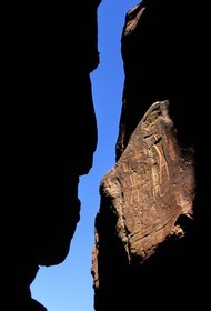 Jordanie, Wadi Rum, dessins gravés dans le Sîq du Jebel Khazali