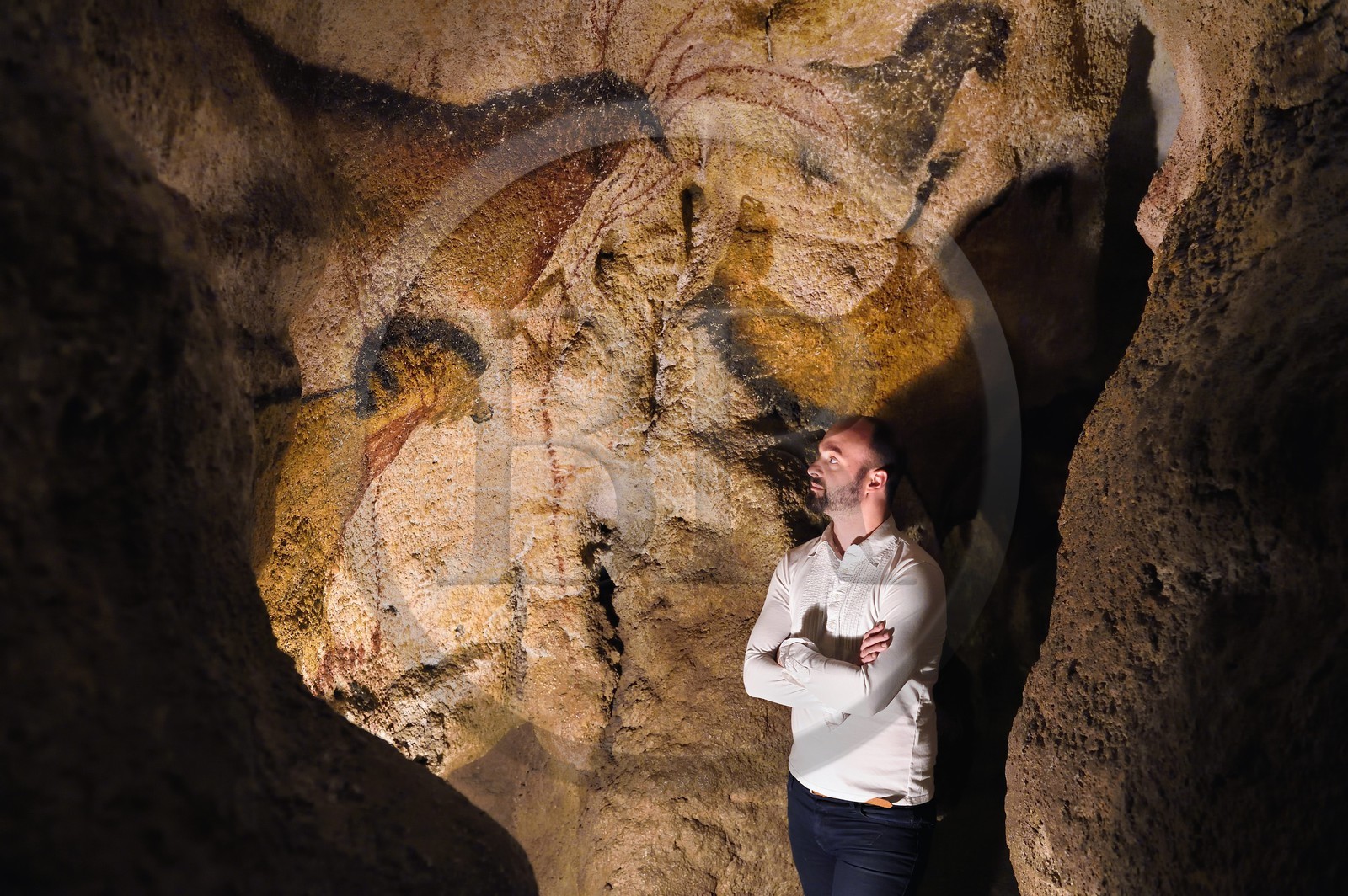 France, Dordogne (24), Périgord Noir, vallée de la Vezère, Montignac-sur-Vézère, Grotte de Lascaux II, reconstitution du site préhistorique et grotte ornée classés Patrimoine Mondial de l'UNESCO, le directeur d'exploitation du centre international d'art pariétal de Lascaux Guillaume Colombo