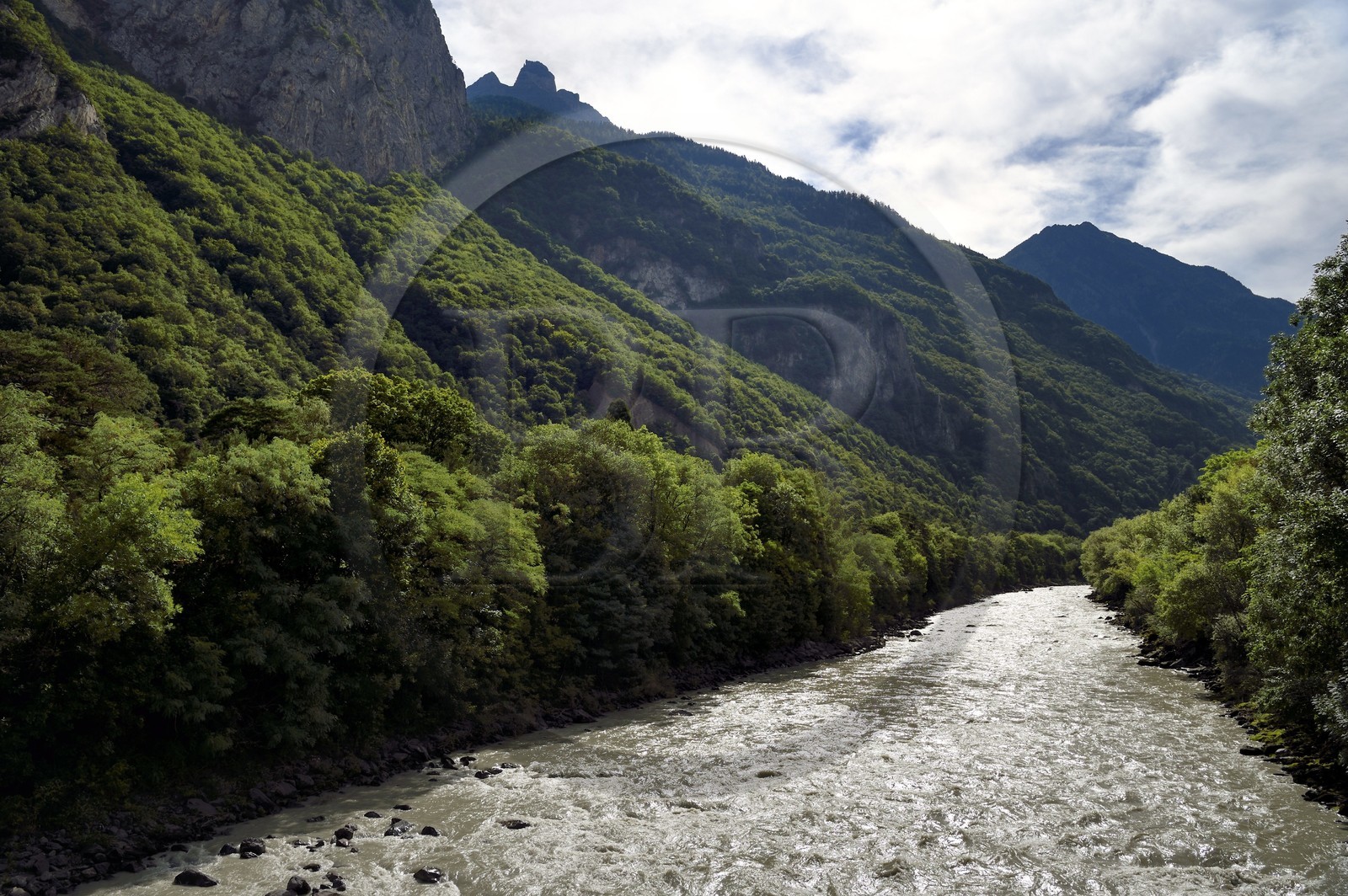 Suisse, Canton de Vaud, Lavey-Morcles, le fleuve Rhône encore tumultueux quelques kilomètres en amont du Lac Léman