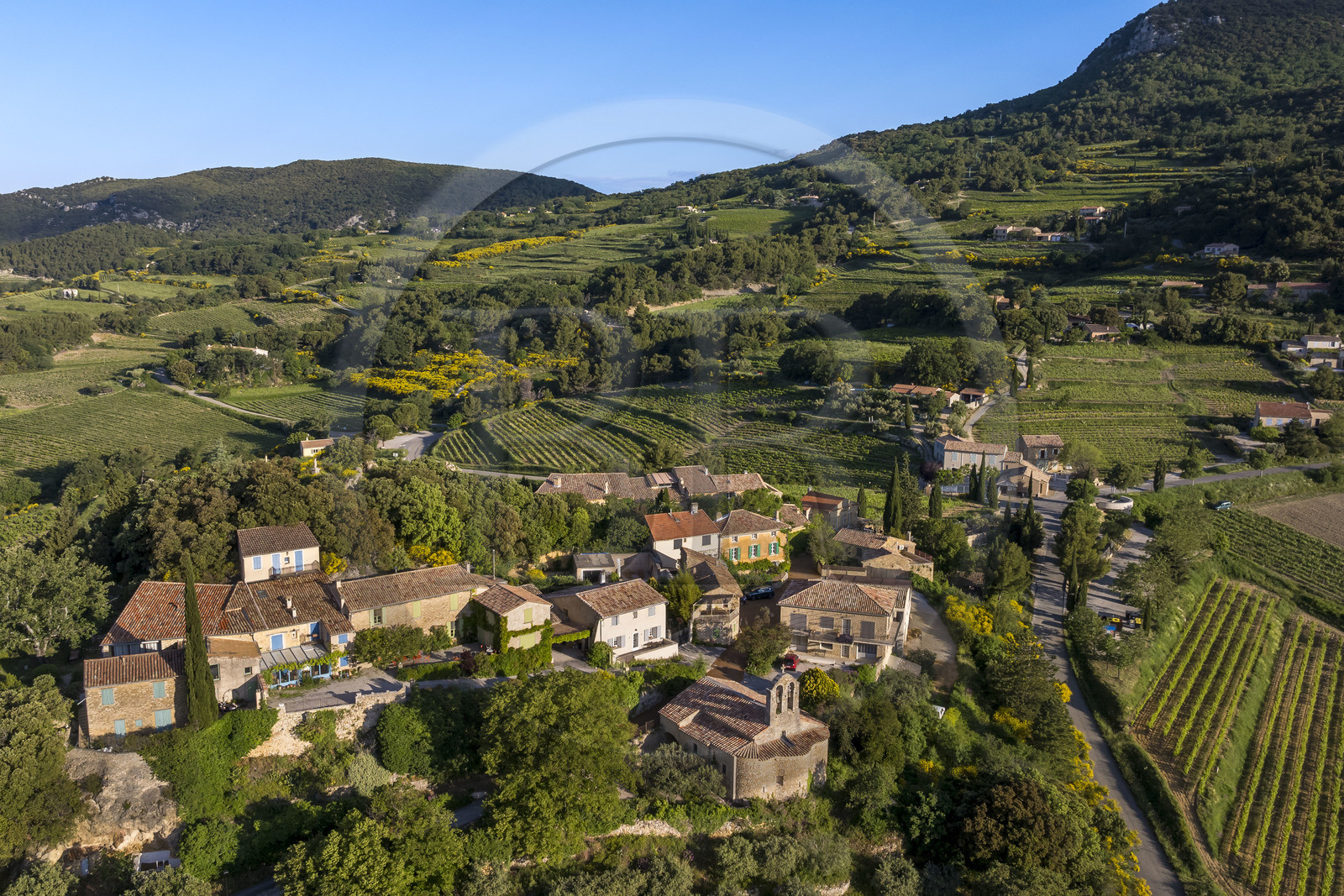 France, Vaucluse (84), Dentelles de Montmirail, le village de Suzette entouré par le vignoble (vue aérienne)