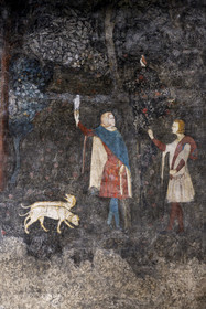 France, Vaucluse (84), Avignon, Palais des Papes classé Patrimoine mondial de l'UNESCO, tour de la Garde-Robe, chambre du Cerf, studium ou cabinet de travail de Clément VI, qui évoque dans un panorama ininterrompu les plaisirs seigneuriaux dont diverses techniques de chasse et de pêches, chasse au faucon