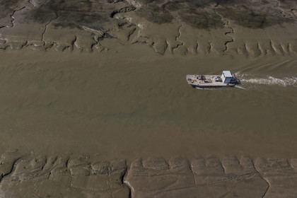 France, Charente-Maritime (17), Ile d'Oléron, le Chateau-d'Oléron, bateau ostréicole dans le chenal de sortie du port à marée basse (vue aérienne)
