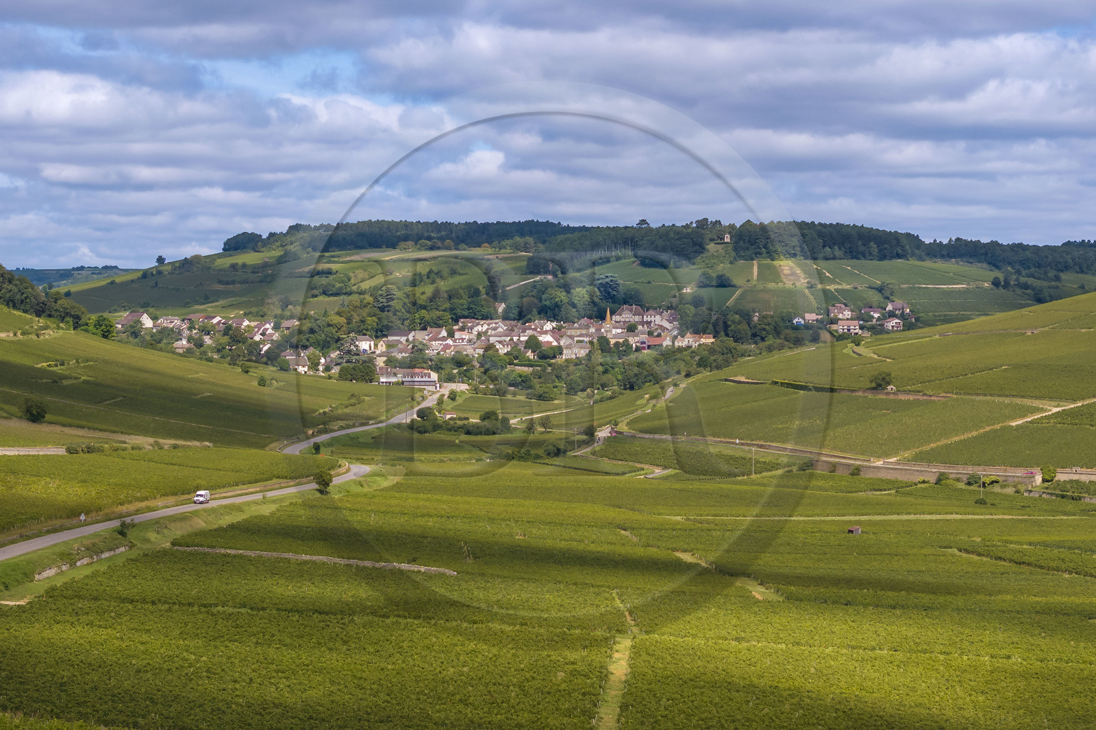 France, Côte-d'Or (21), les climats de Bourgogne classés Patrimoine Mondial de l'UNESCO, Route des Grands Crus, vignoble de la Côte de Beaune, Pernand-Vergelesses, le village et l'oratoire Notre-Dame de Bonne Espérance en arrière plan (vue aérienne)