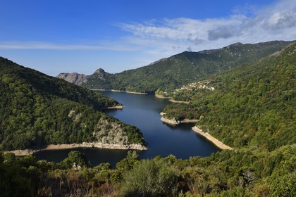 France, Corse-du-Sud (2A), Vallée du Prunelli, village de Tolla au bord du lac artificiel de Tolla depuis le col de la Scalledda