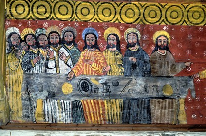 France, Côtes-d'Armor (22), Plougrescant, la voûte peinte de la chapelle Saint-Gonery, la Cène