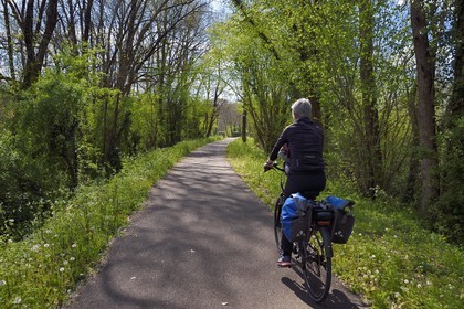 France, Charente (16), Saint-Germain-de-Montbron, cycliste sur la voie verte de la Coulée d’Oc (portion de la véloroute La Flow Vélo) sur le tracé d'une ancienne voie de chemin de fer