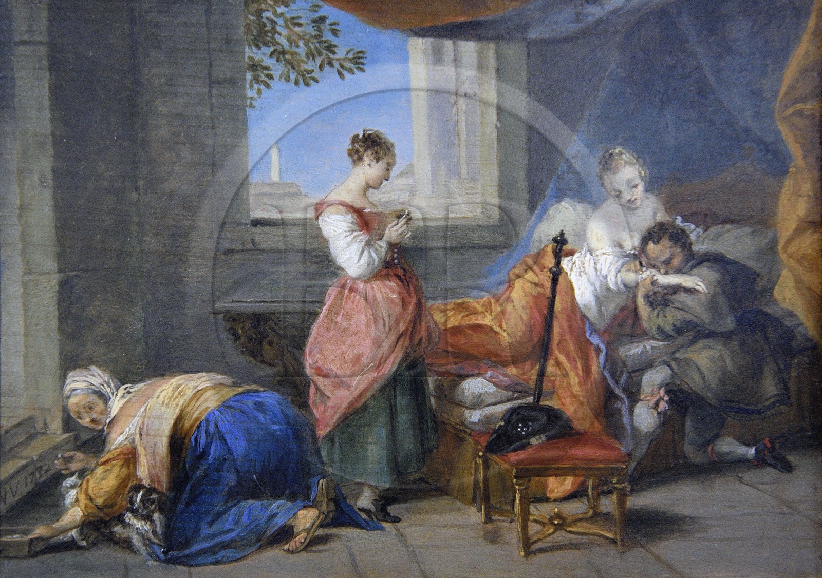 France, Aisne (02), Château-Thierry, Musée Jean de La Fontaine - Ville de Chateau-Thierry, peinture de Nicolas Vleughels qui illustre un passage d'un des Contes (érotique)de La Fontaine, Le petit chien qui secoue de l'argent et des pierreries, Huile sur bois (1732)