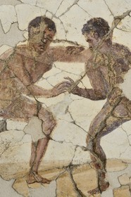 France, Rhône (69), Saint-Romain-en-Gal, musée gallo-romain de Saint-Romain-en-Gal, fresque murale des jeux de la Palestre provenant de la pièce des latrines des thermes des Lutteurs, lutte à main nue