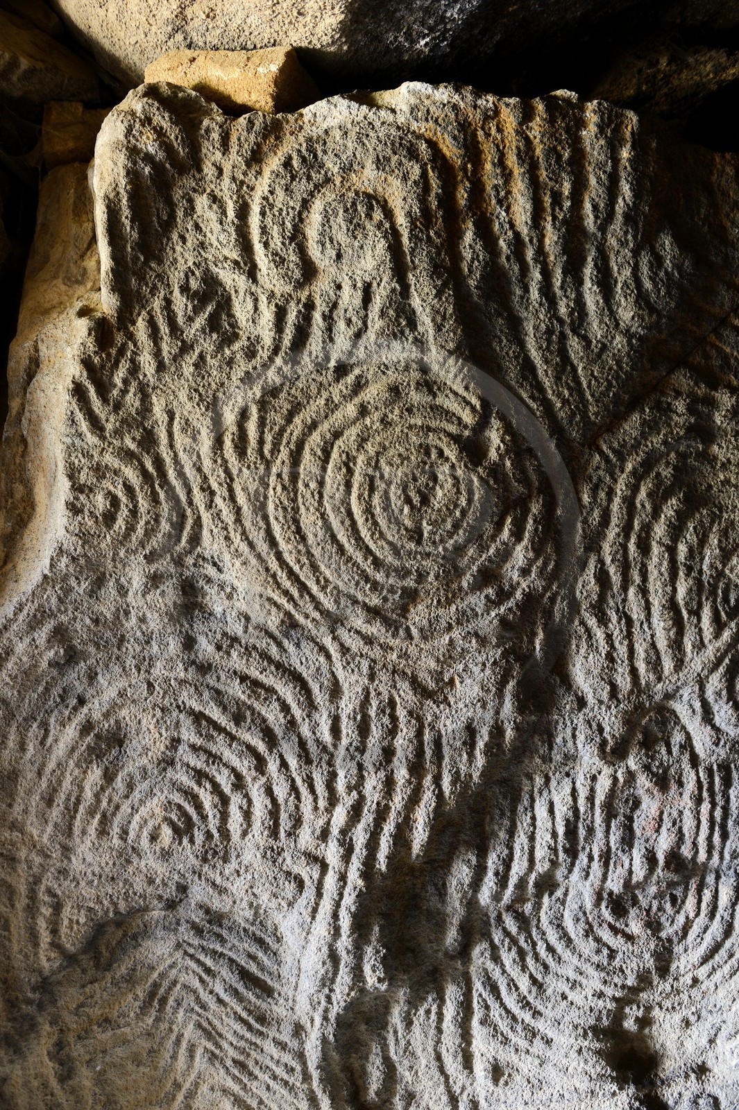 France, Morbihan (56), Golfe du Morbihan, galerie couverte entièrement gravée du Cairn de Gavrinis 3500 avant JC