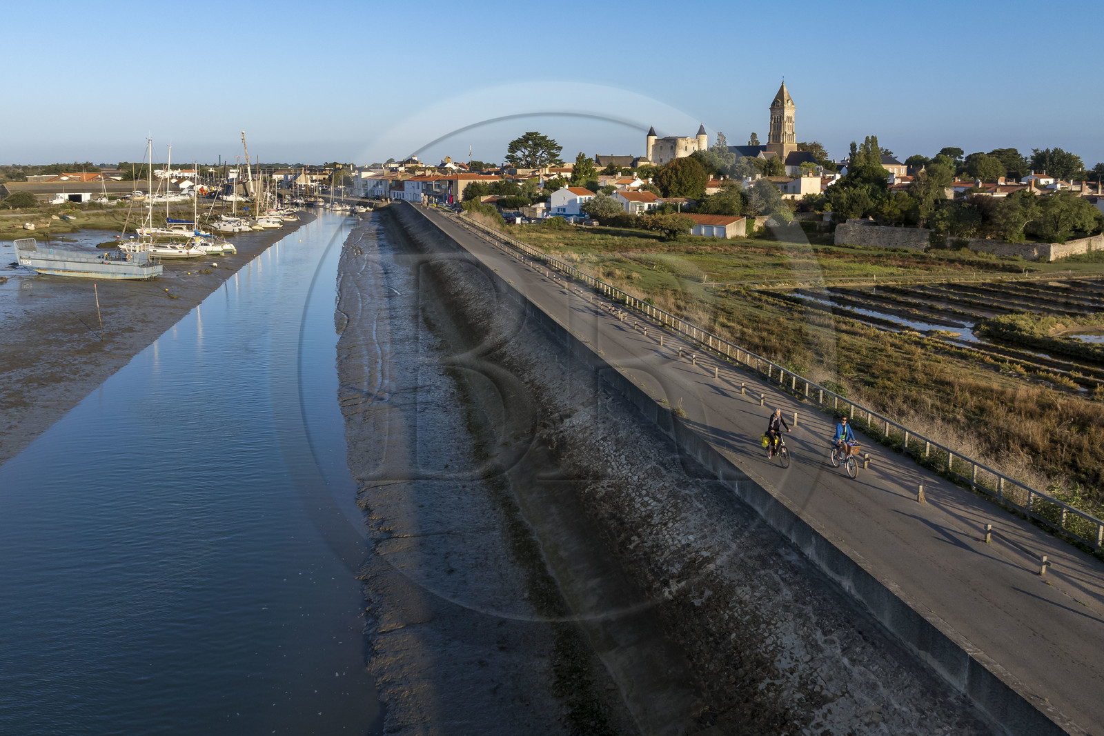 France, Vendée (85), île de Noirmoutier, Noirmoutier-en-l'Ile, les marais du Müllembourg le long de la chaussée Jacobsen du canal d'accès au port, le château médiéval et l'église Saint-Philbert en arrière plan (vue aérienne)