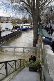 France, Paris (75), les rives de la Seine, classées Patrimoine Mondial de l'UNESCO, le quai de Conti inondé et le Pont Neuf en arrière plan