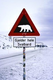 Norvège, Svalbard, Spitzberg, Longyearbyen, panneau de signalisation de danger potentiel de présence d'ours blanc, Gjelder hele Svalbard s'applique à tout le Svalbard