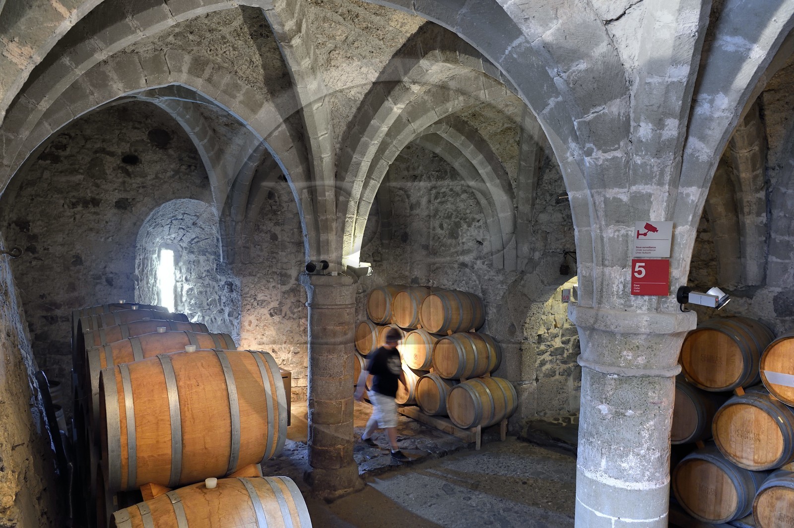 Suisse, Canton de Vaud, Veytaux, chateau Chillon sur les rives du lac Léman, les souterrains du château soutenues par de voûtes gothiques ont été utilisés comme prison puis comme lieu de stockage