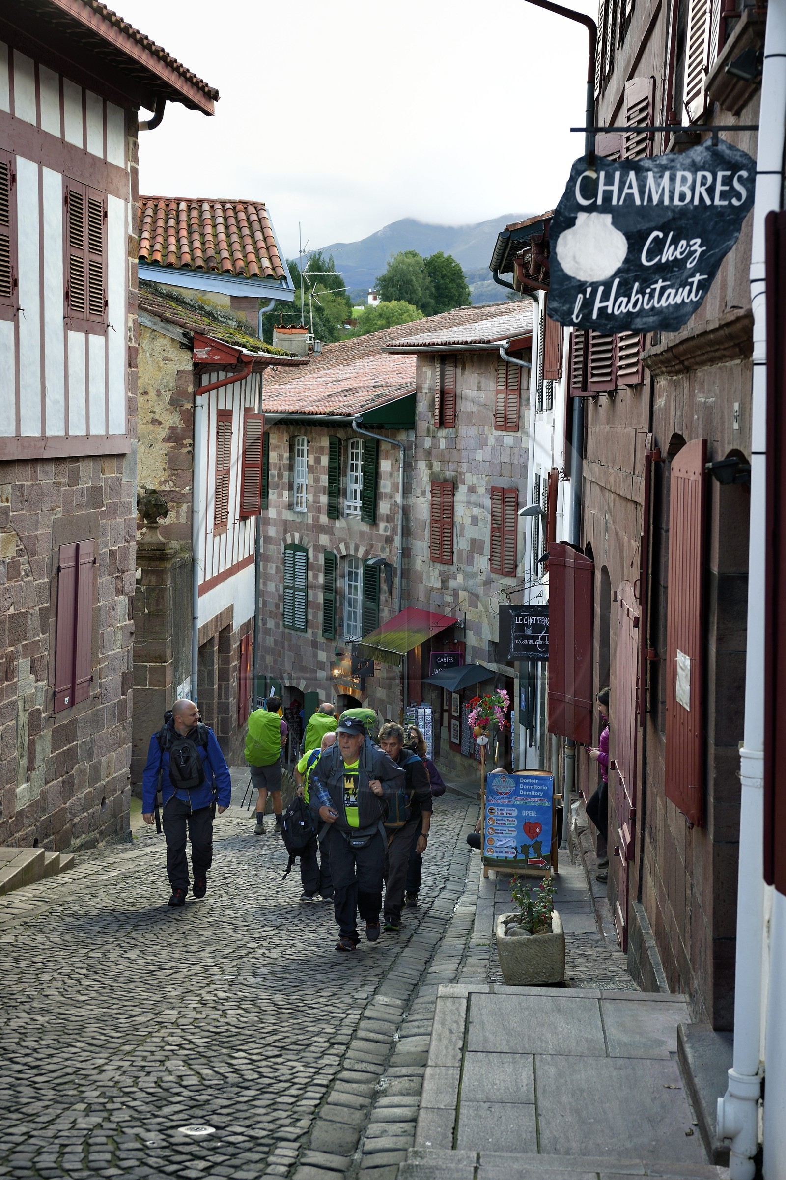 France, Pyrénées-Atlantiques (64), Pays-Basque, Saint-Jean-Pied-de-Port, rue de la Citadelle sur le chemin de Saint-Jacques-de-Compostelle, pèlerin