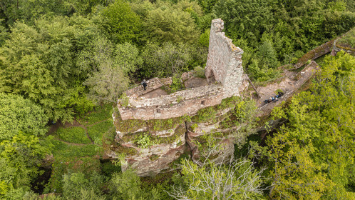 France, Bas-Rhin (67), Parc naturel régional des Vosges du Nord, Obersteinbach, foret domaniale de Steinbach, ruines du chateau de Lutzelhardt (vue aérienne)