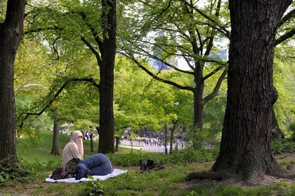 Etats-Unis, New York, Manhattan, Central Park, femme voilée, couple musulman se reposant dans le parc