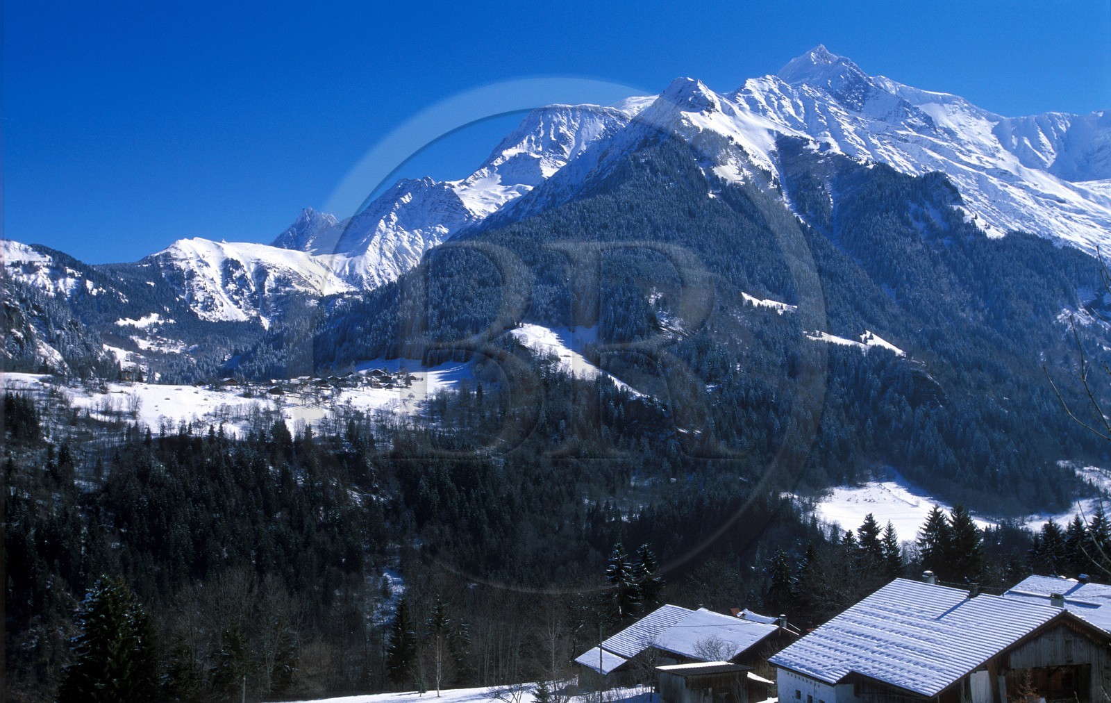 France, Haute-Savoie (74), le massif du Mont Blanc depuis le village de Saint-Nicolas-de-Véroce