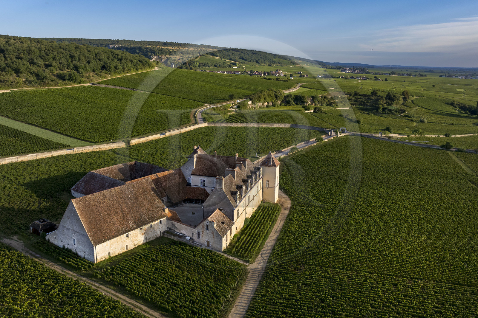 France, Côte-d'Or (21), Paysage culturel des climats de Bourgogne classés Patrimoine Mondial de l'UNESCO, Route des Grands Crus, vignoble de la Côte de Nuits, Vougeot, le Chateau du Clos de Vougeot entouré par le vignoble (vue aérienne)
